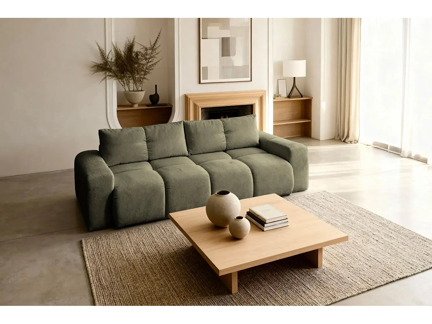 CONSTANCE - Canapé droit convertible tissu chenille 3 places - Vert