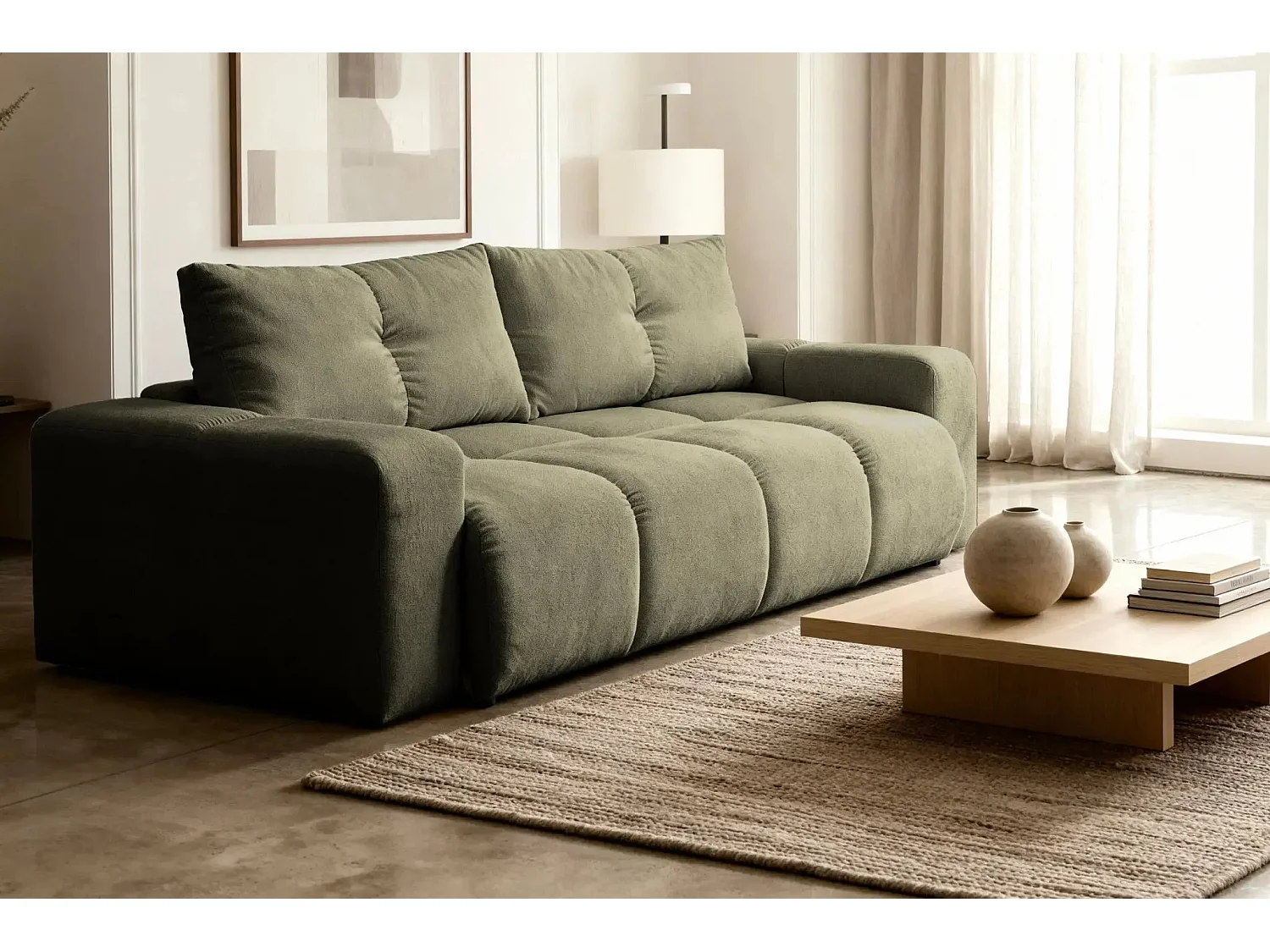 CONSTANCE - Canapé droit convertible tissu chenille 3 places - Vert