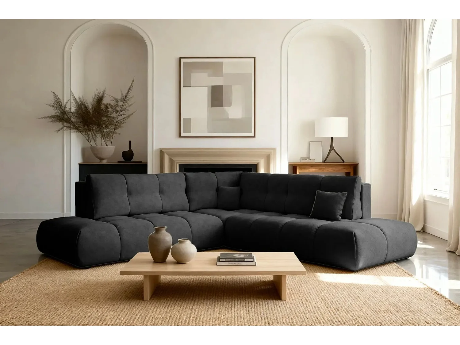 CONSTANCE L - Canapé d'angle convertible tissu chenille 4 places - Terracotta - Droit