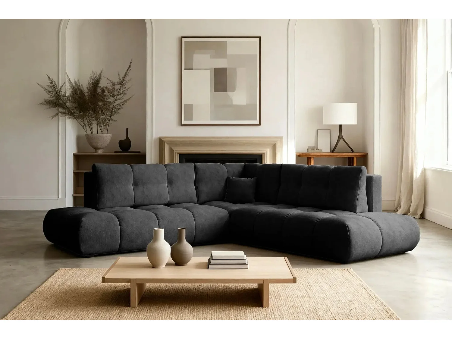 CONSTANCE L - Canapé d'angle convertible tissu chenille 4 places - Terracotta - Droit