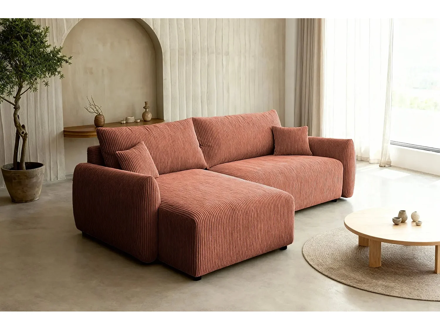 ELIO - Canapé d'angle convertible petit velours côtelé - Terracotta