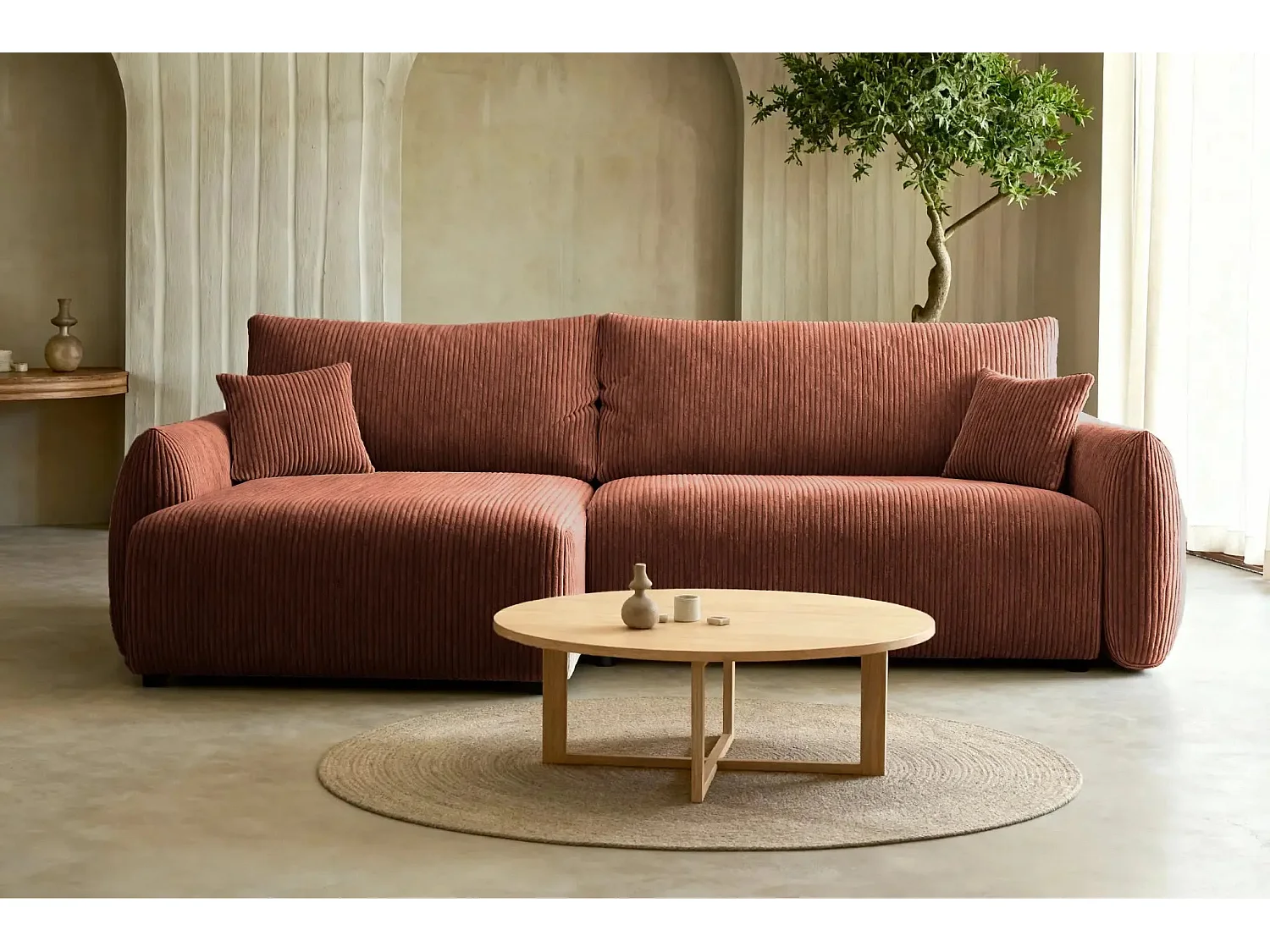 ELIO - Canapé d'angle convertible petit velours côtelé 4 places - Terracotta