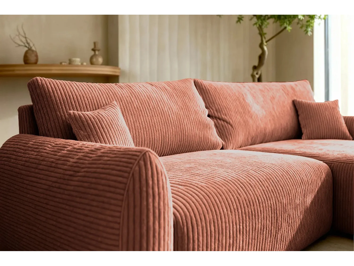 ELIO - Canapé d'angle convertible petit velours côtelé 4 places - Terracotta