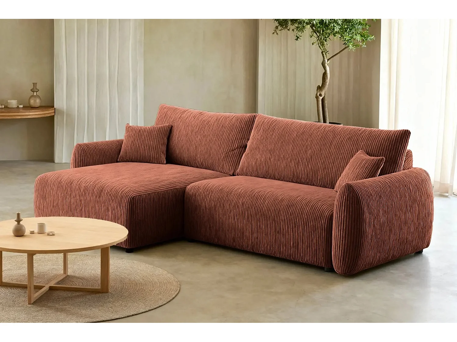 ELIO - Canapé d'angle convertible petit velours côtelé 4 places - Terracotta