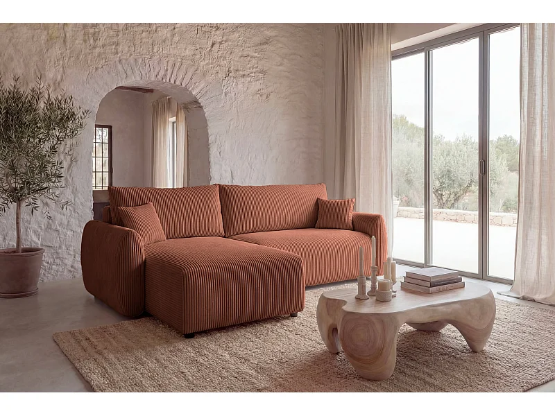 ELIO - Canapé d'angle convertible petit velours côtelé 4 places - Terracotta