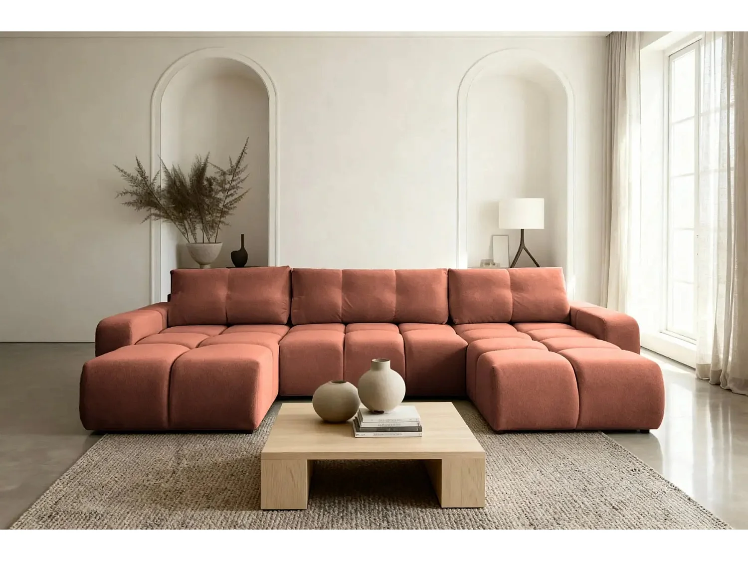 CONSTANCE - Canapé panoramique convertible tissu chenille - Terracotta