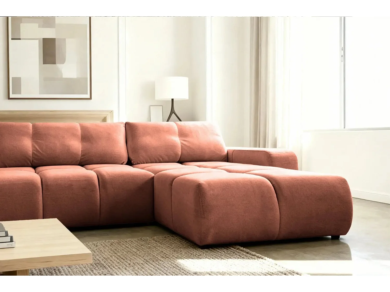 CONSTANCE - Canapé panoramique convertible tissu chenille - Terracotta