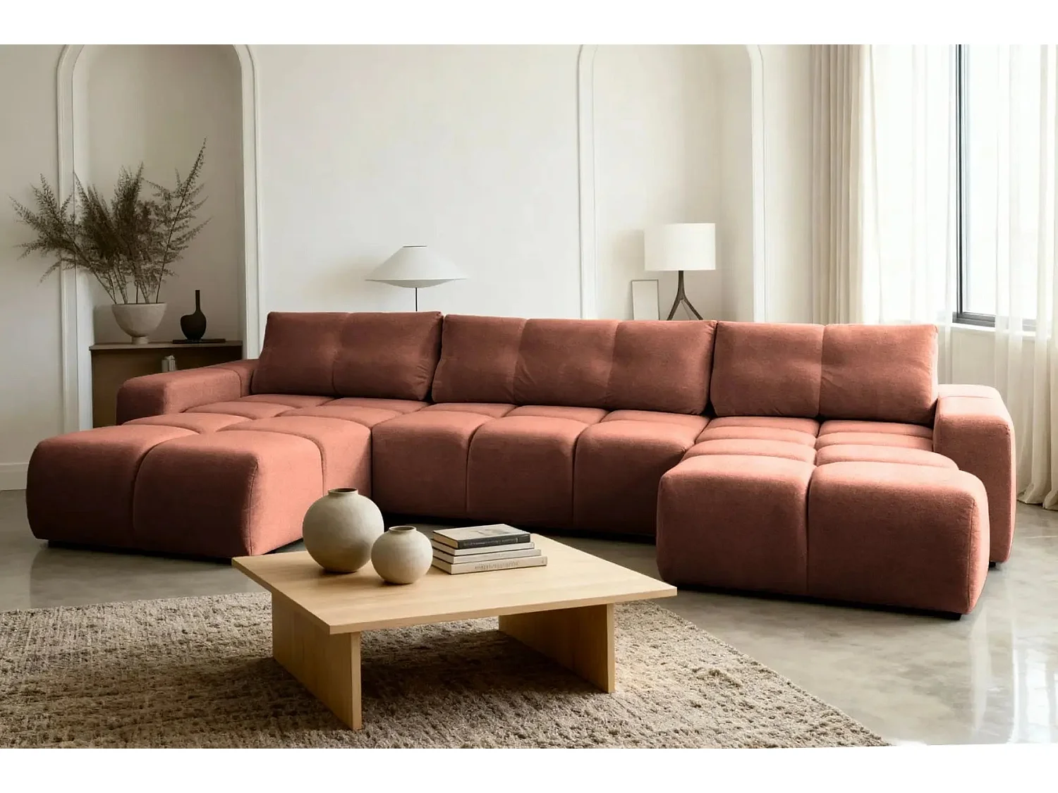 CONSTANCE - Canapé panoramique convertible tissu chenille 5 places - Terracotta