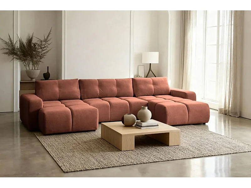 CONSTANCE - Canapé panoramique convertible tissu chenille - Terracotta