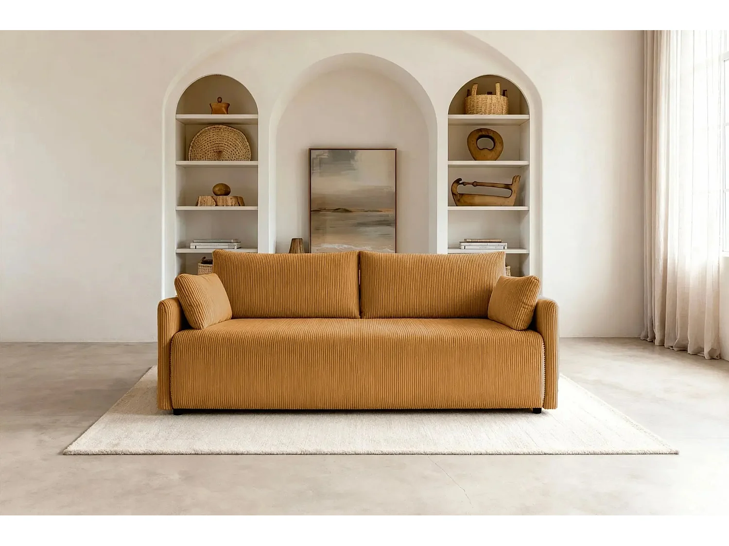 AXELLE - Canapé droit convertible velours côtelé - Jaune