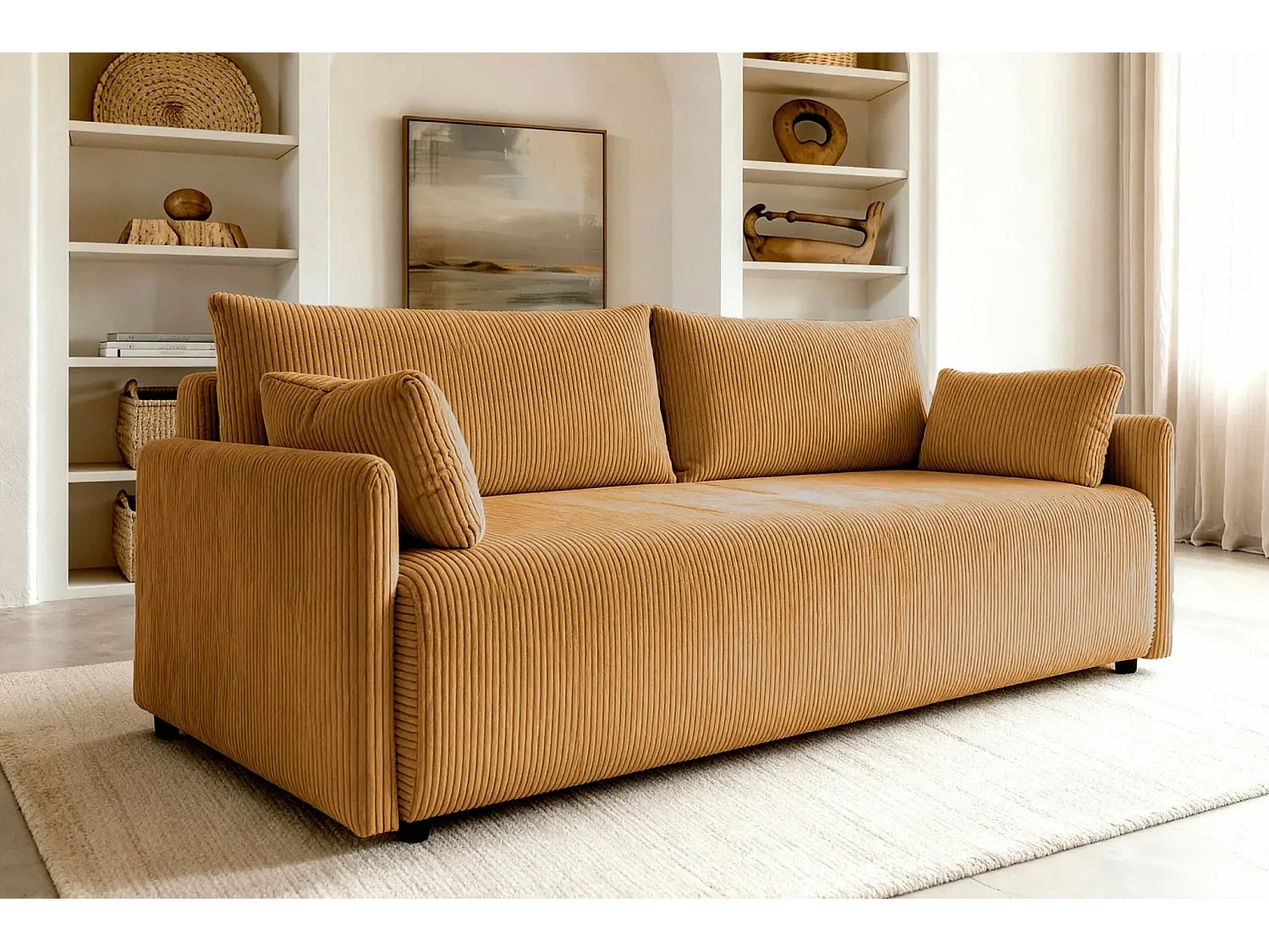 AXELLE - Canapé droit convertible velours côtelé - Jaune