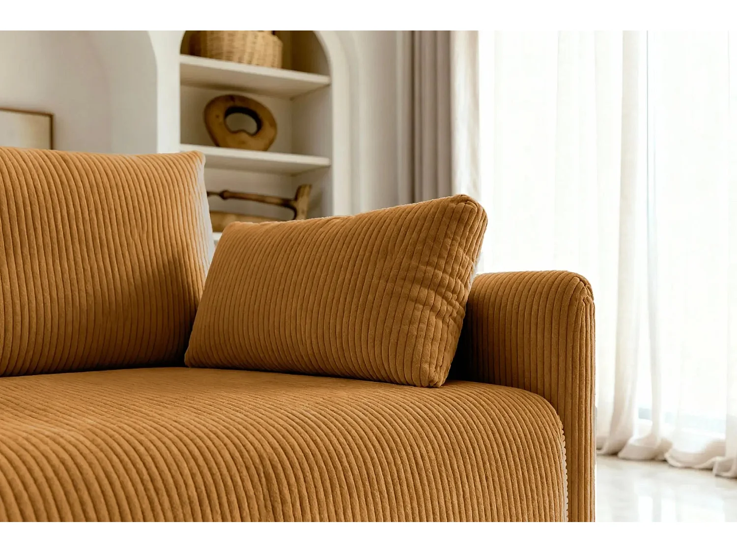 AXELLE - Canapé droit convertible velours côtelé - Jaune