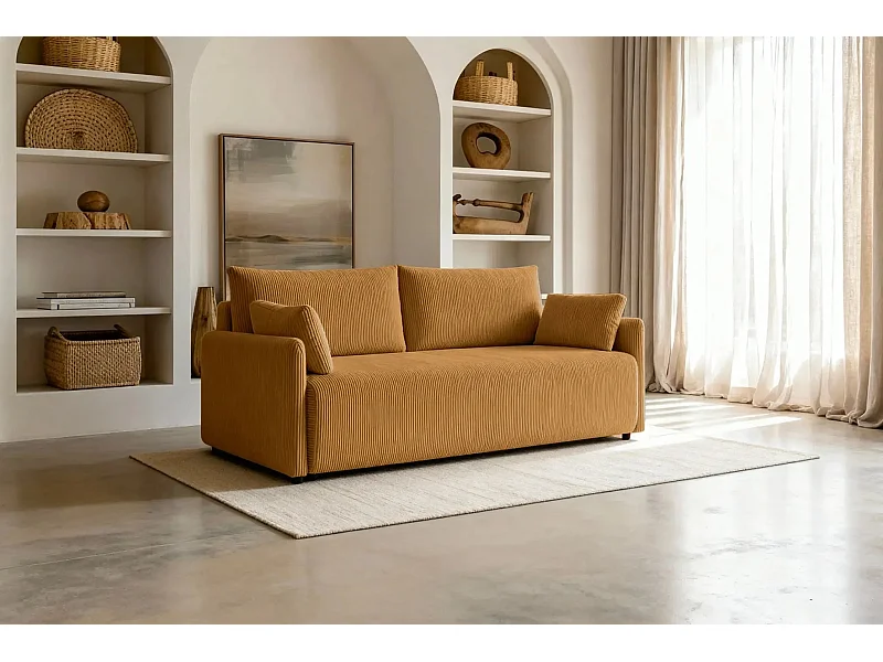 AXELLE - Canapé droit convertible velours côtelé - Jaune