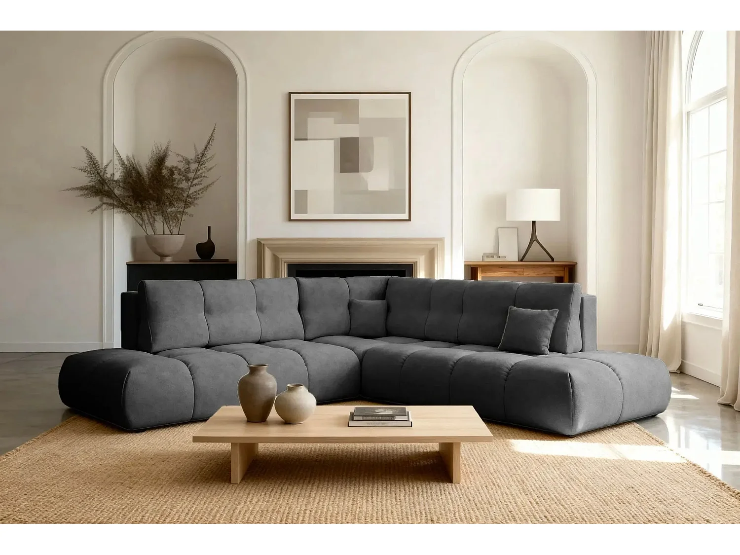 CONSTANCE L - Canapé d'angle convertible tissu chenille 4 places - Gris anthracite - Droit