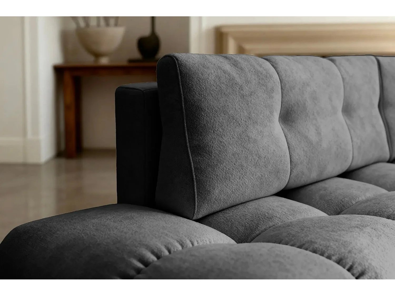 CONSTANCE L - Canapé d'angle convertible tissu chenille 4 places - Gris anthracite - Droit