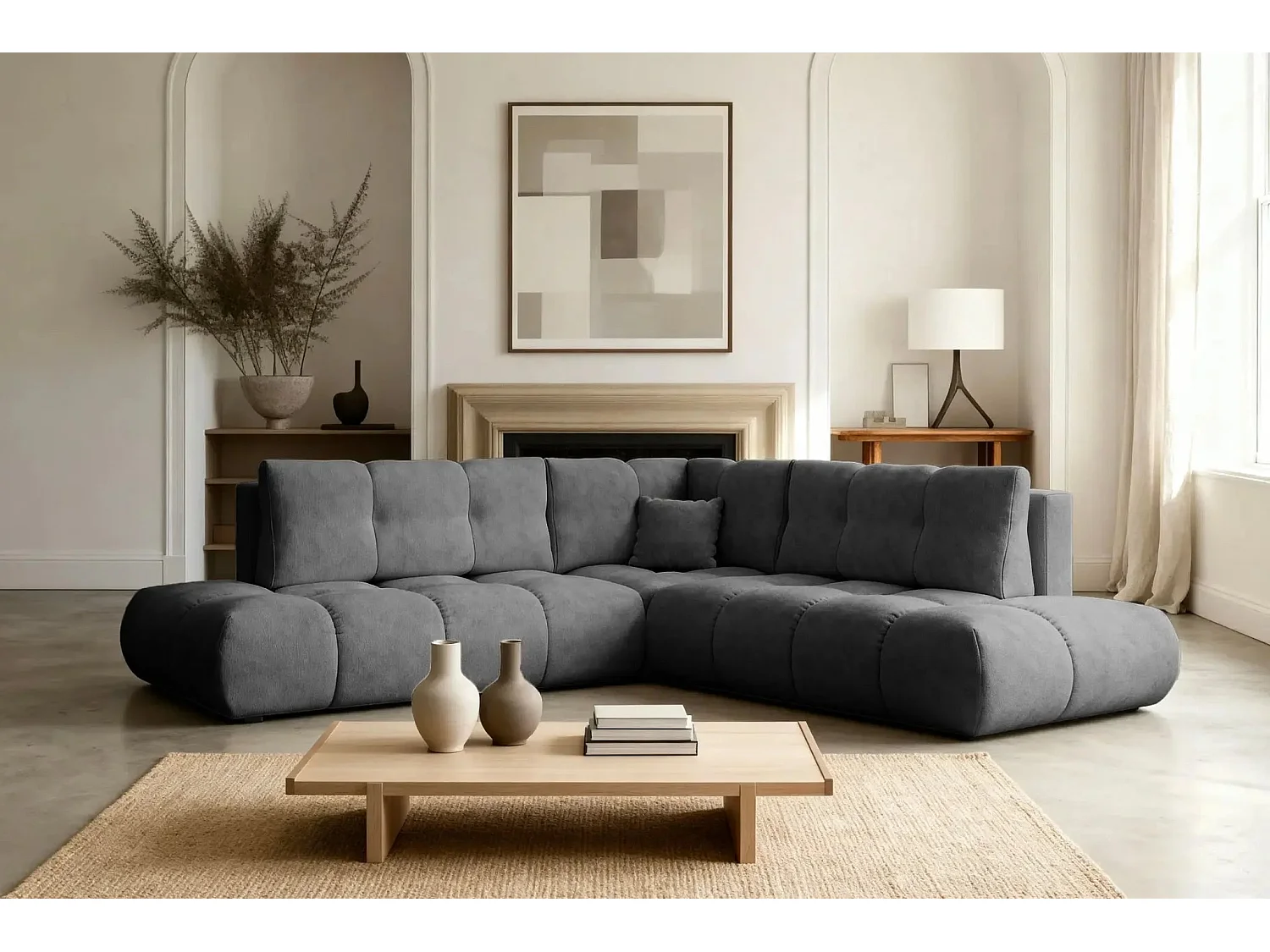 CONSTANCE L - Canapé d'angle convertible tissu chenille 4 places - Gris anthracite - Droit