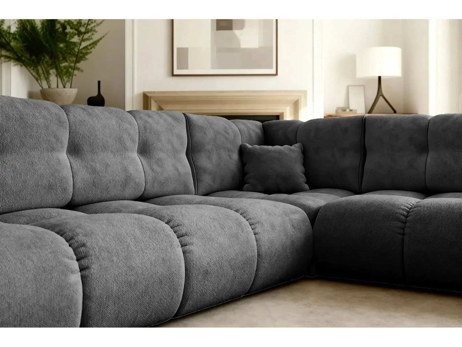 CONSTANCE L - Canapé d'angle convertible tissu chenille 4 places - Gris anthracite - Droit