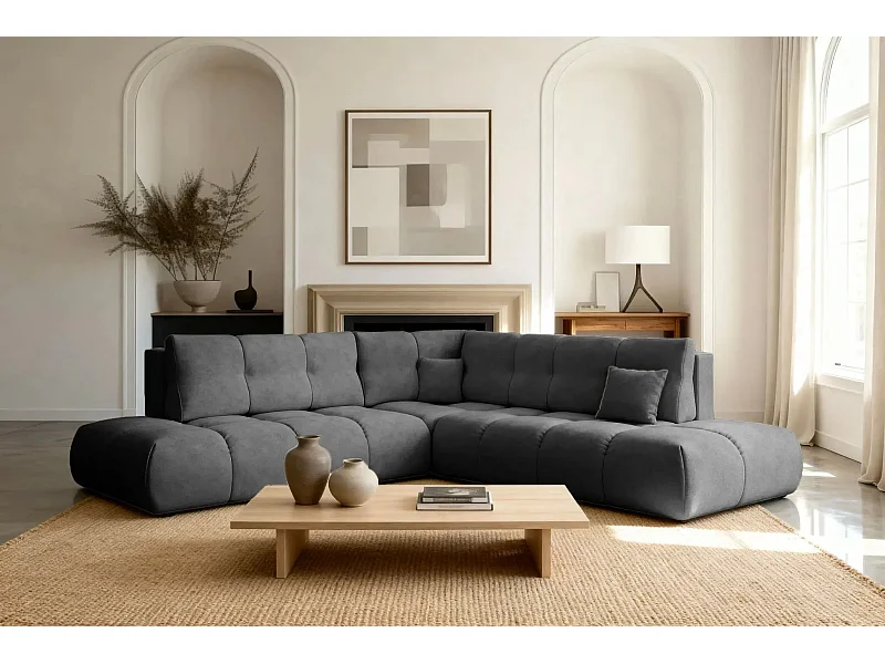 CONSTANCE L - Canapé d'angle convertible tissu chenille 4 places - Gris anthracite - Droit