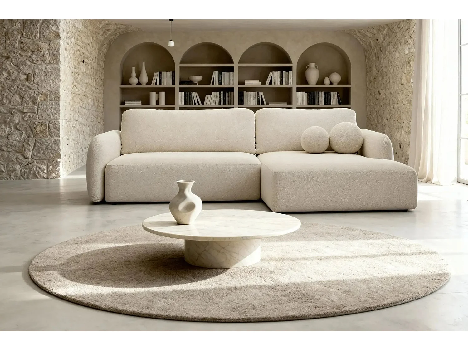 GIGI - Canapé d'angle convertible tissu bouclette 4 places - Beige - Gauche