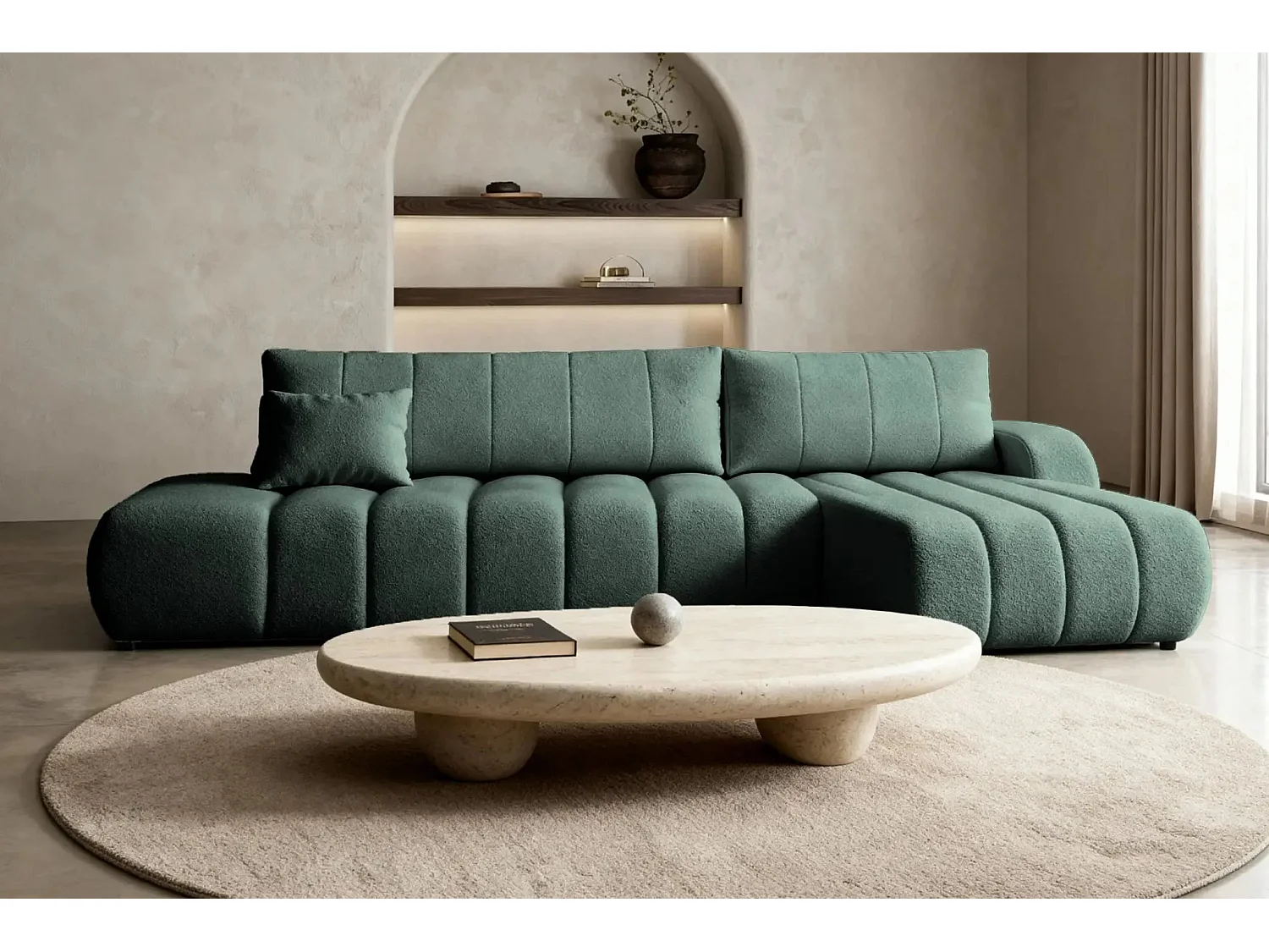 CELESTE - Canapé d'angle convertible tissu bouclette - Vert - Gauche