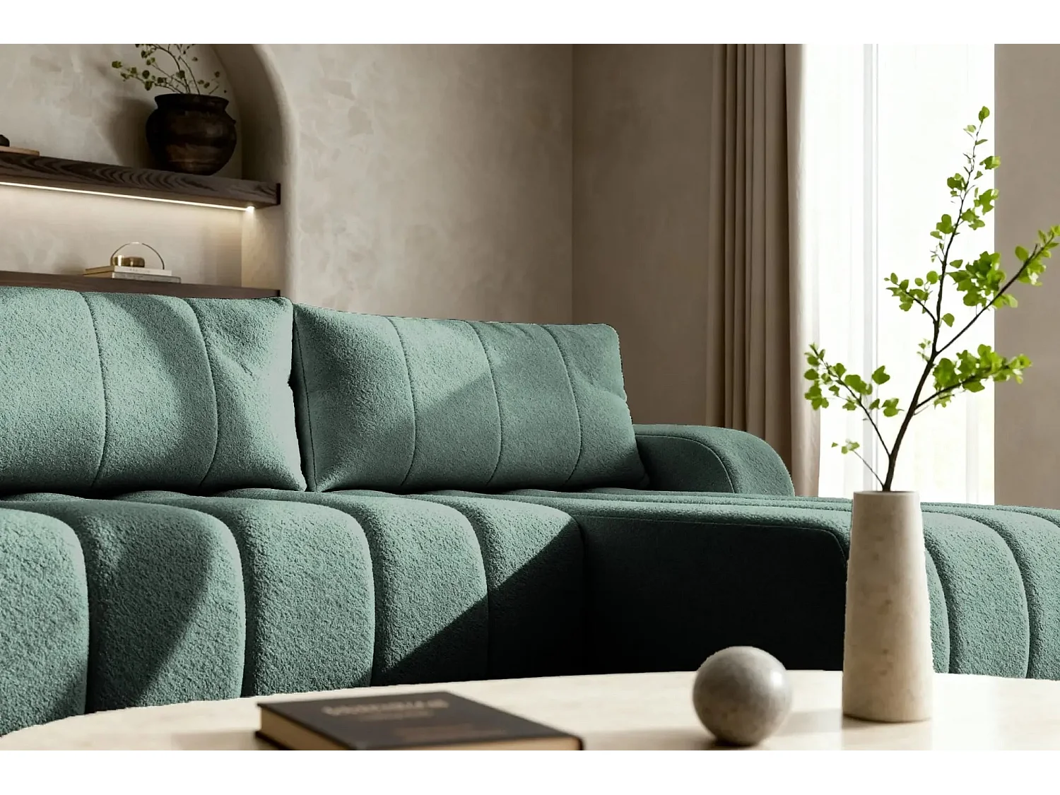 CELESTE - Canapé d'angle convertible tissu bouclette 4 places - Vert - Gauche