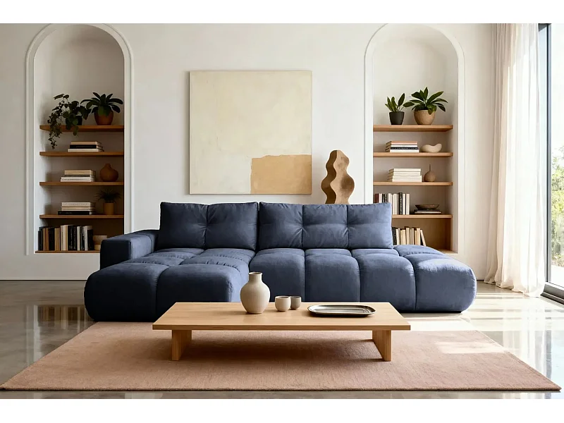 CONSTANCE - Canapé d'angle convertible tissu chenille 4 places - Bleu - Gauche