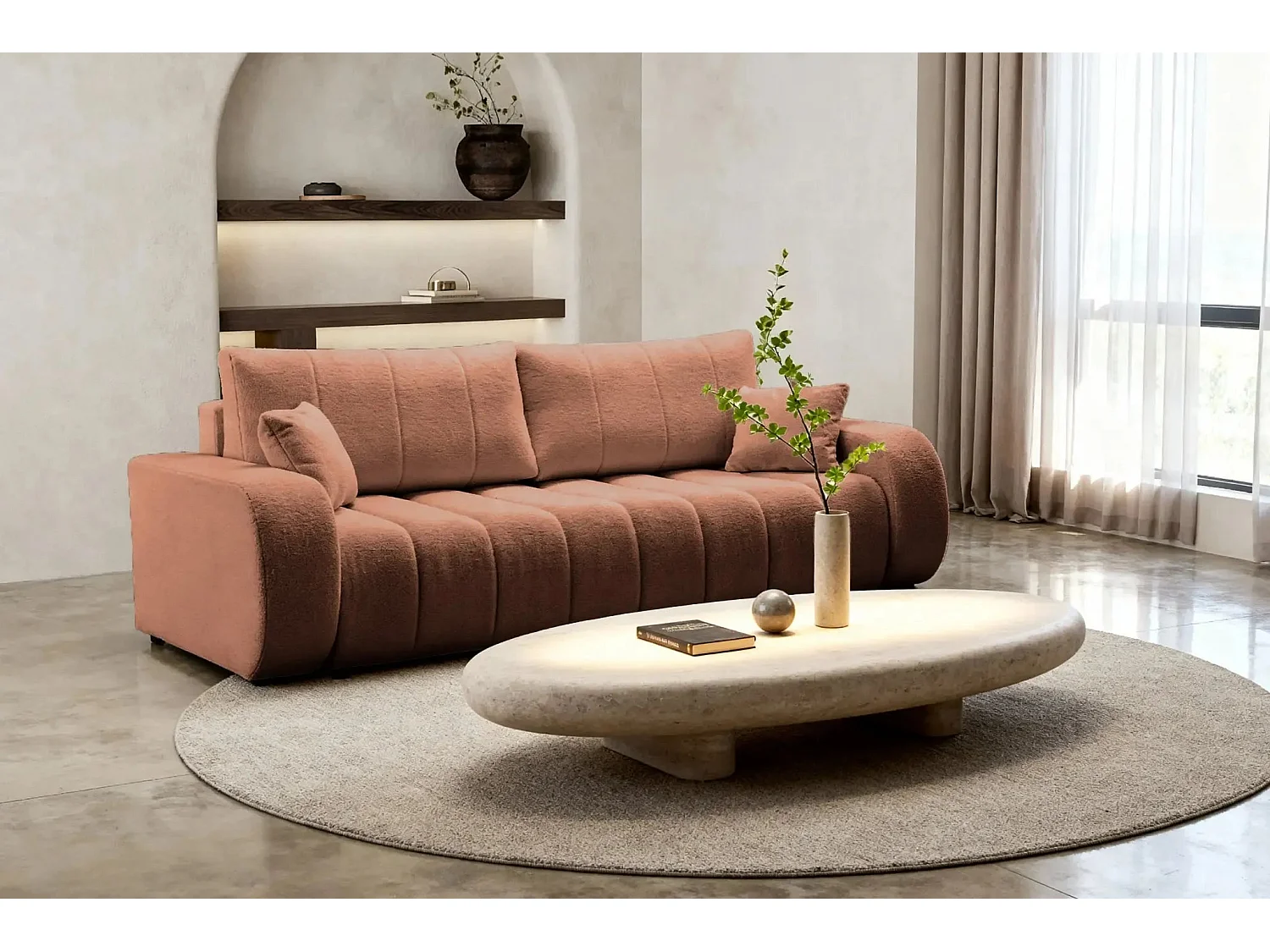 CELESTE - Canapé droit convertible tissu bouclette 3 places - Terracotta