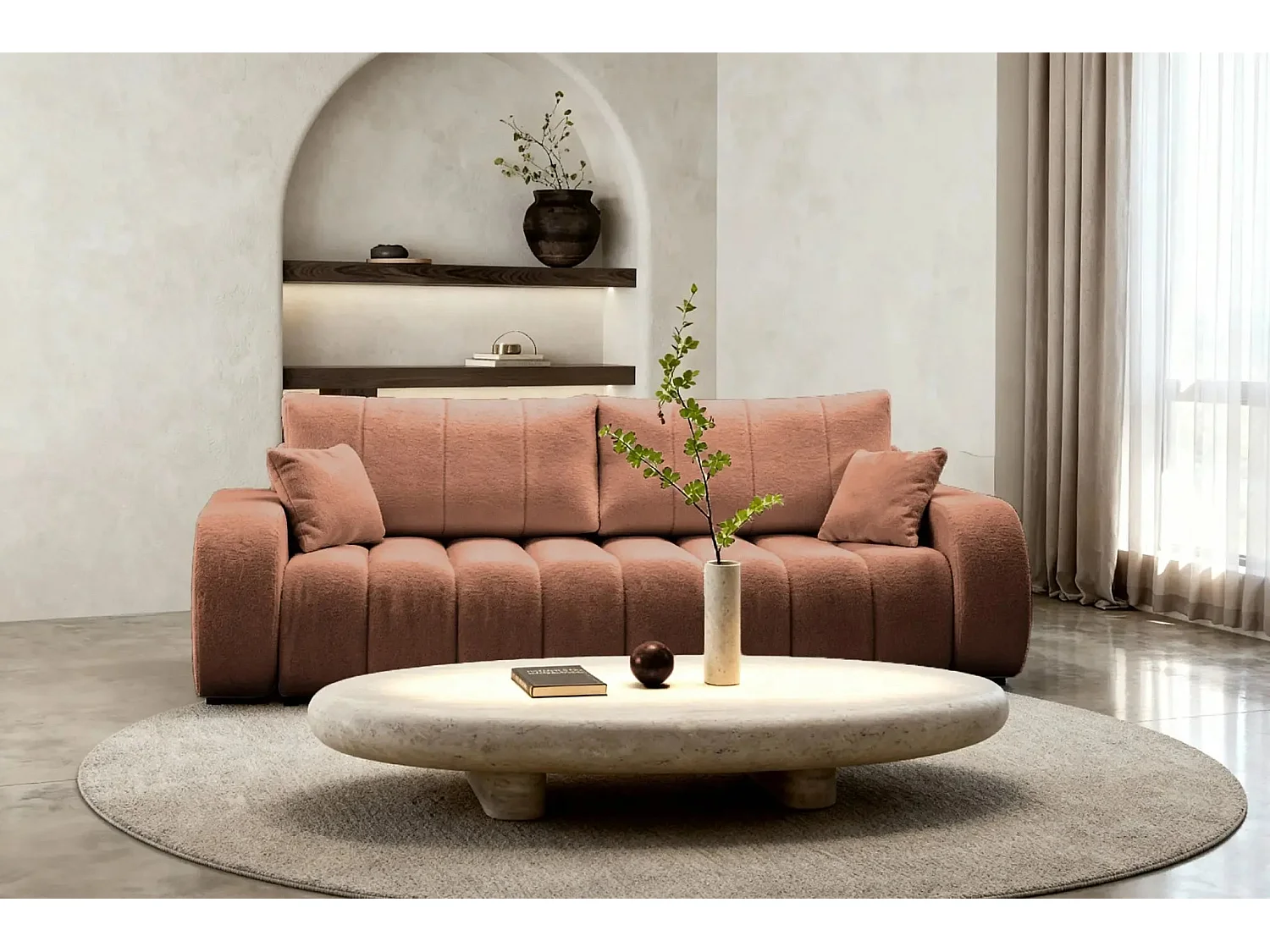 CELESTE - Canapé droit convertible tissu bouclette 3 places - Terracotta