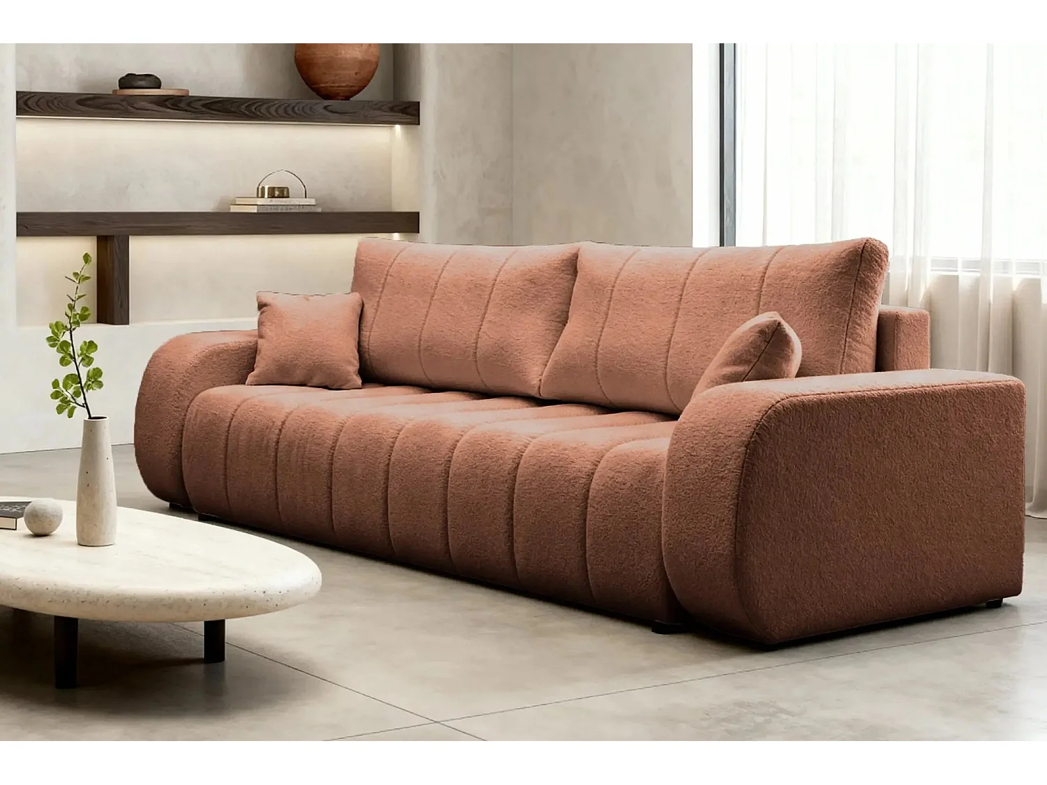 CELESTE - Canapé droit convertible tissu bouclette 3 places - Terracotta