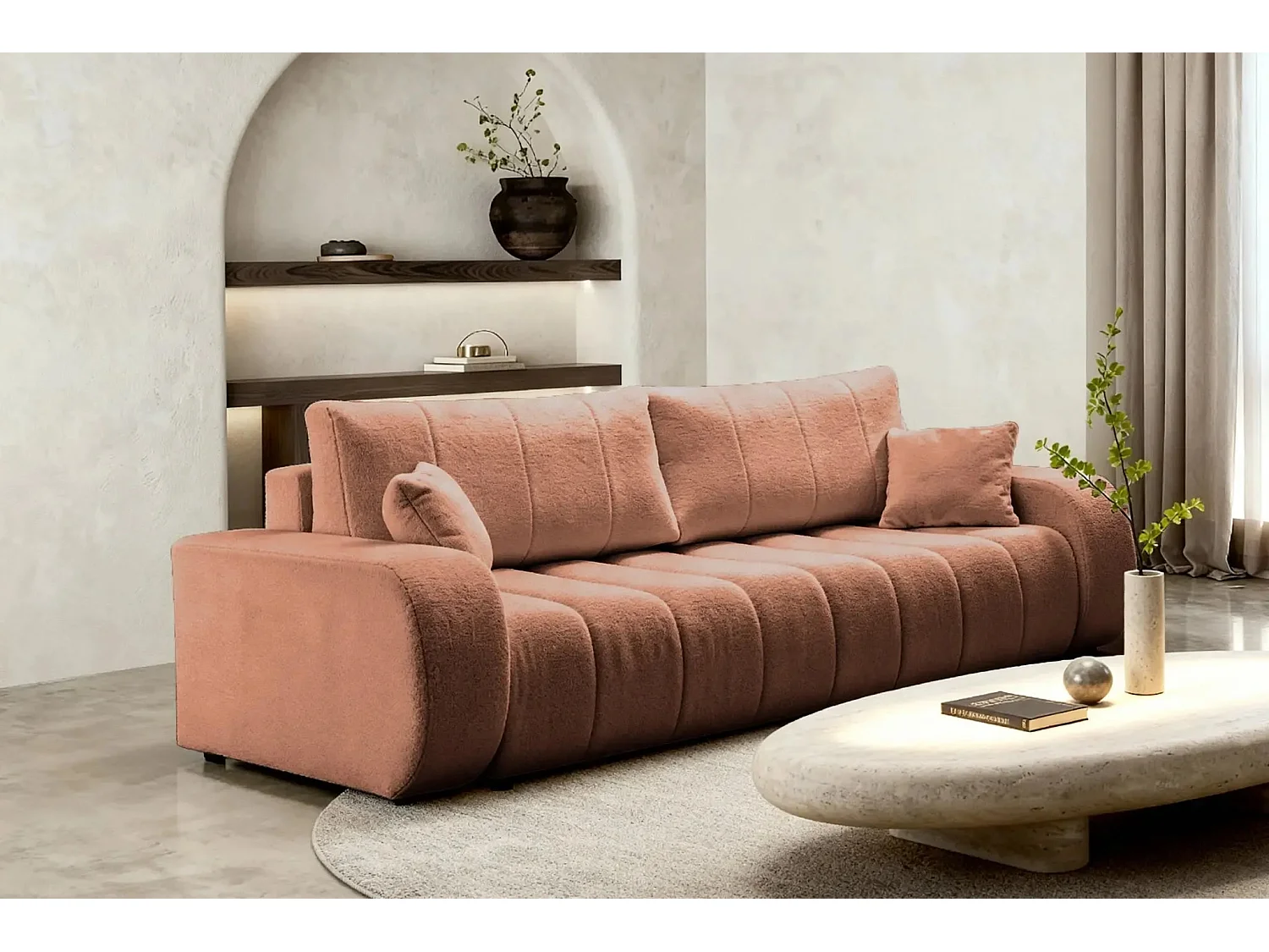 CELESTE - Canapé droit convertible tissu bouclette 3 places - Terracotta
