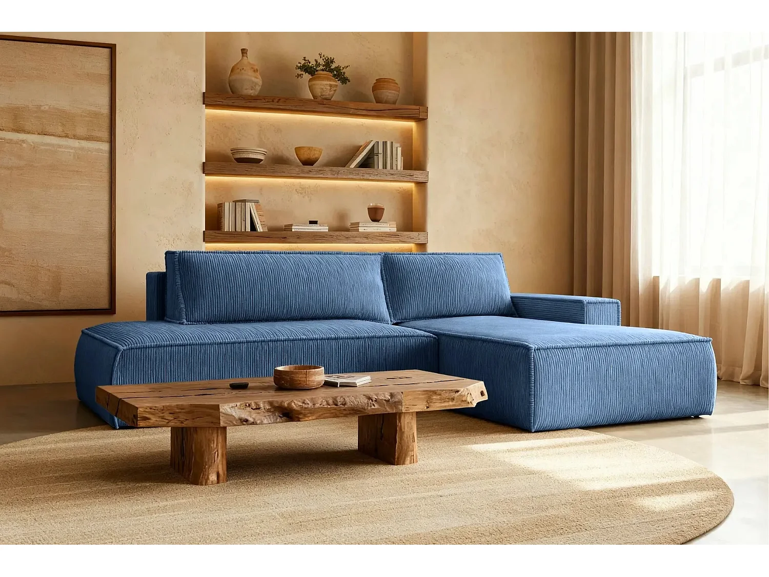 JADE - Canapé d'angle convertible velours côtelé - Bleu - Gauche