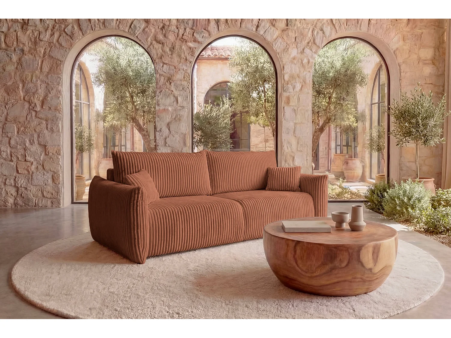 ELIO - Canapé droit convertible gros velours côtelé - Terracotta