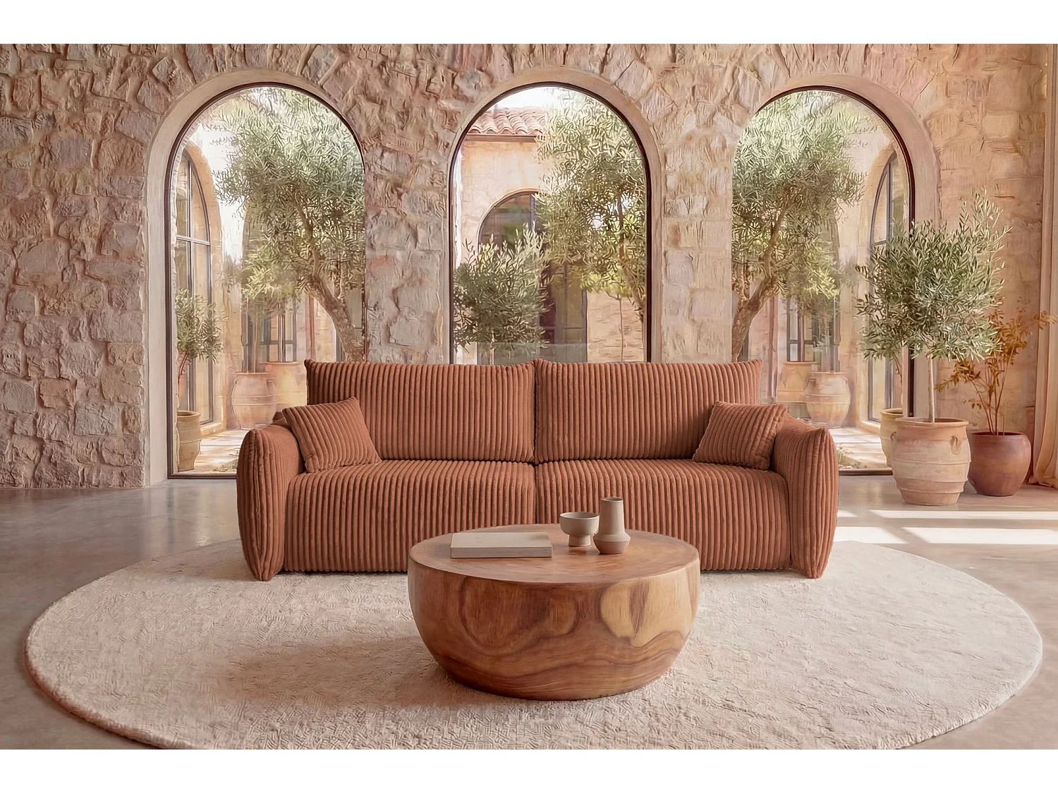 ELIO - Canapé droit convertible gros velours côtelé - Terracotta