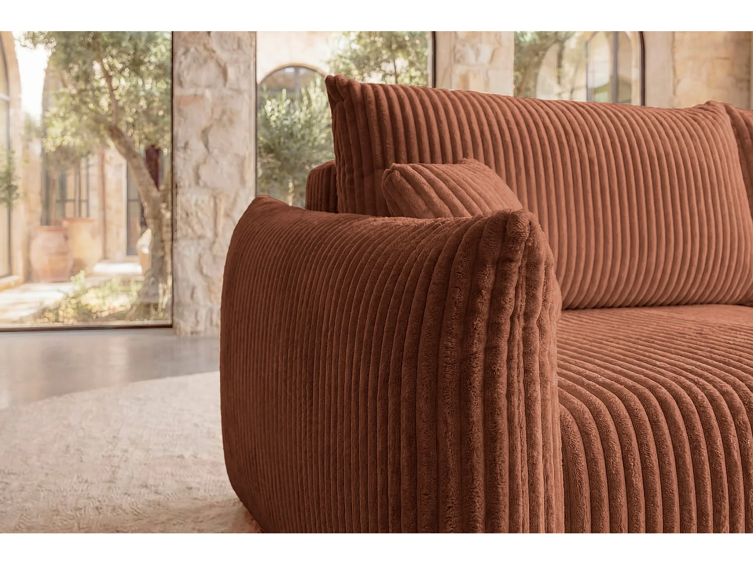 ELIO - Canapé droit convertible gros velours côtelé - Terracotta