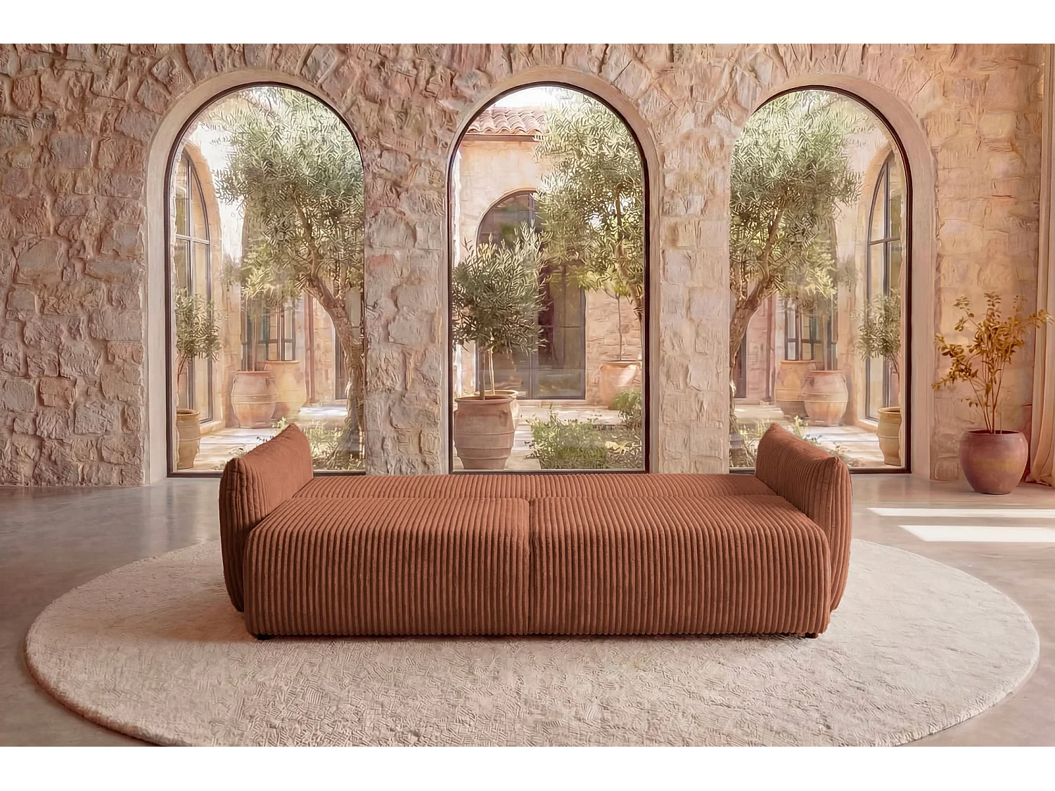 ELIO - Canapé droit convertible gros velours côtelé - Terracotta