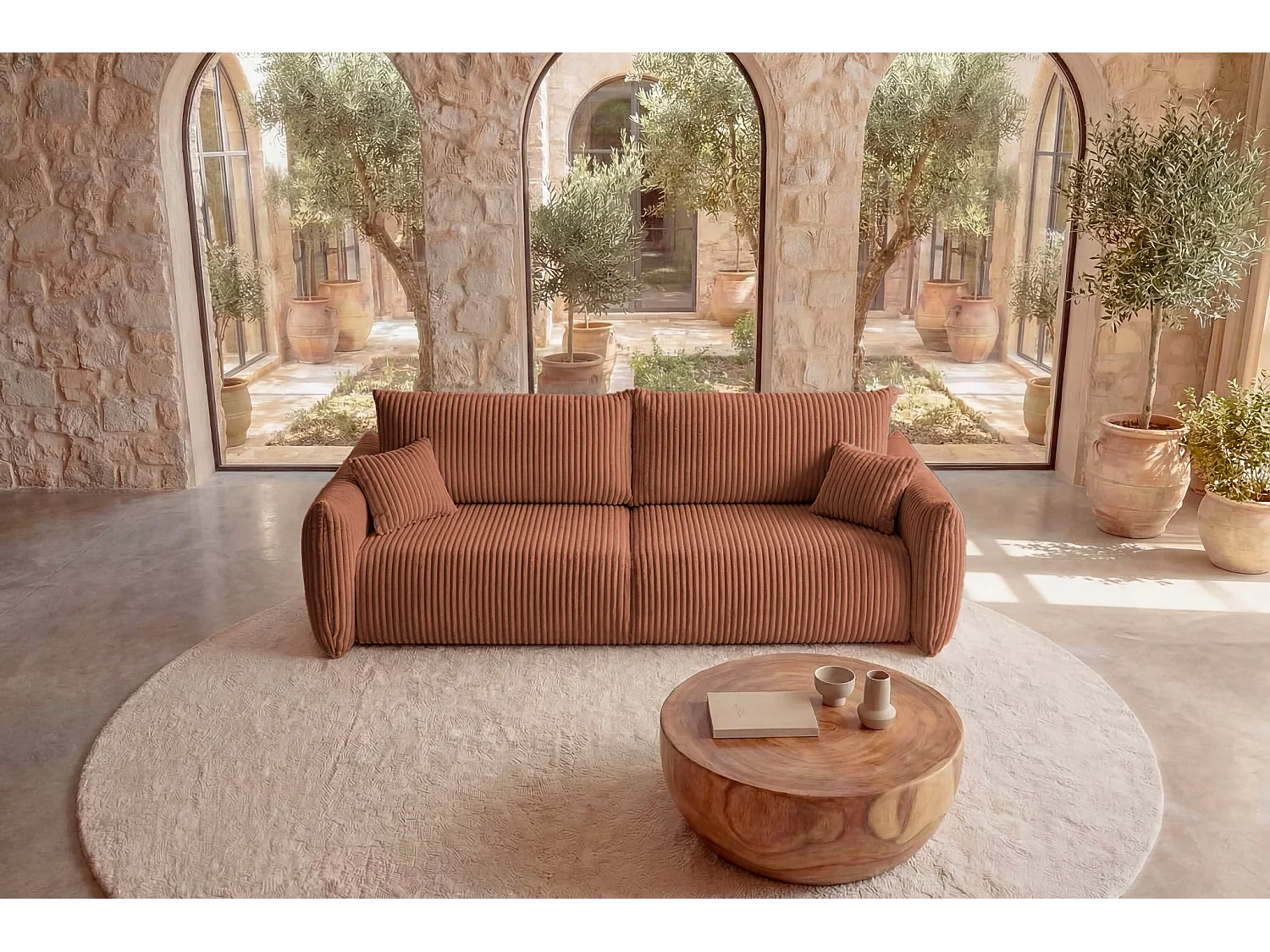 ELIO - Canapé droit convertible gros velours côtelé - Terracotta