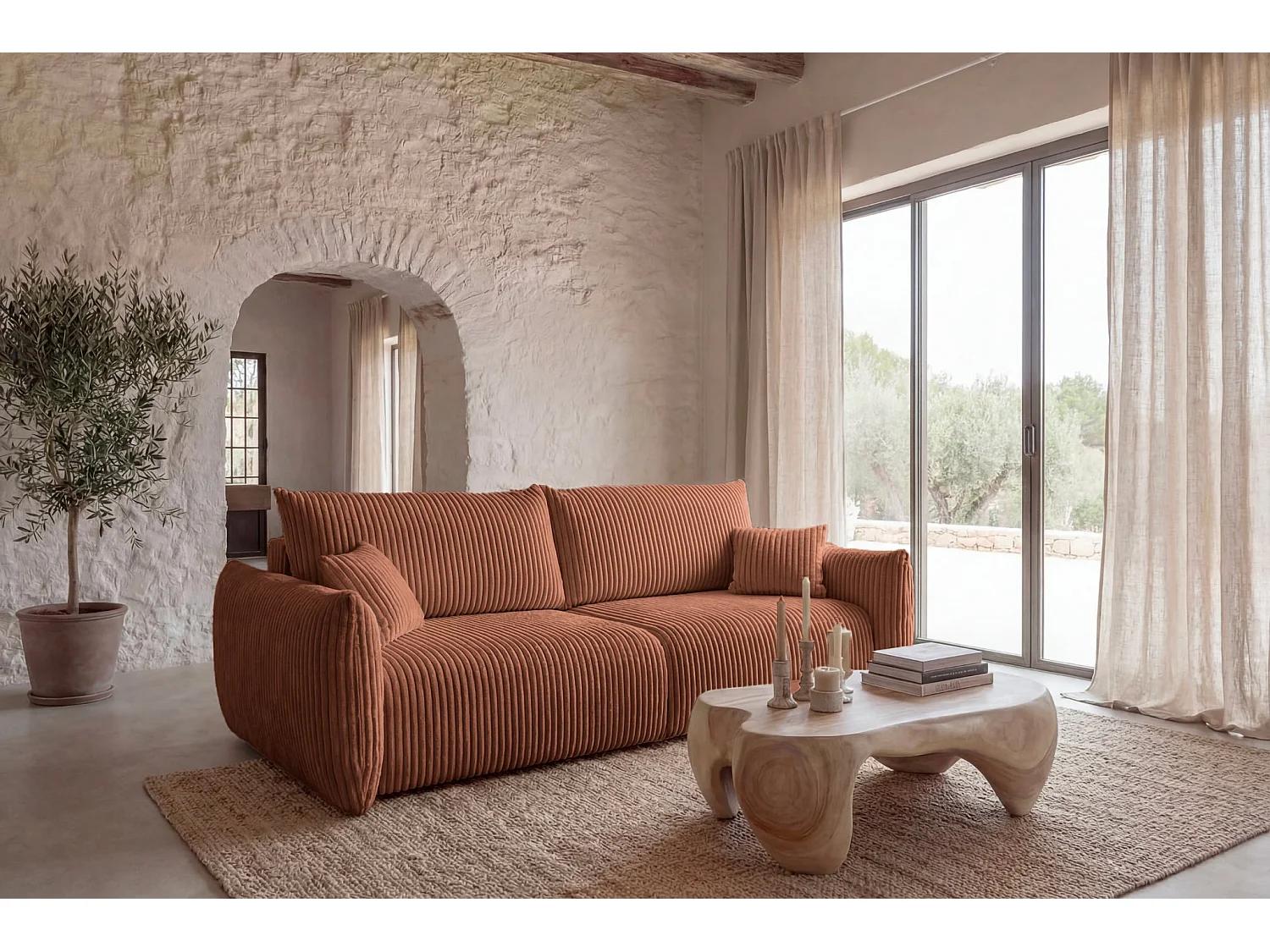 ELIO - Canapé droit convertible gros velours côtelé 3 places - Terracotta