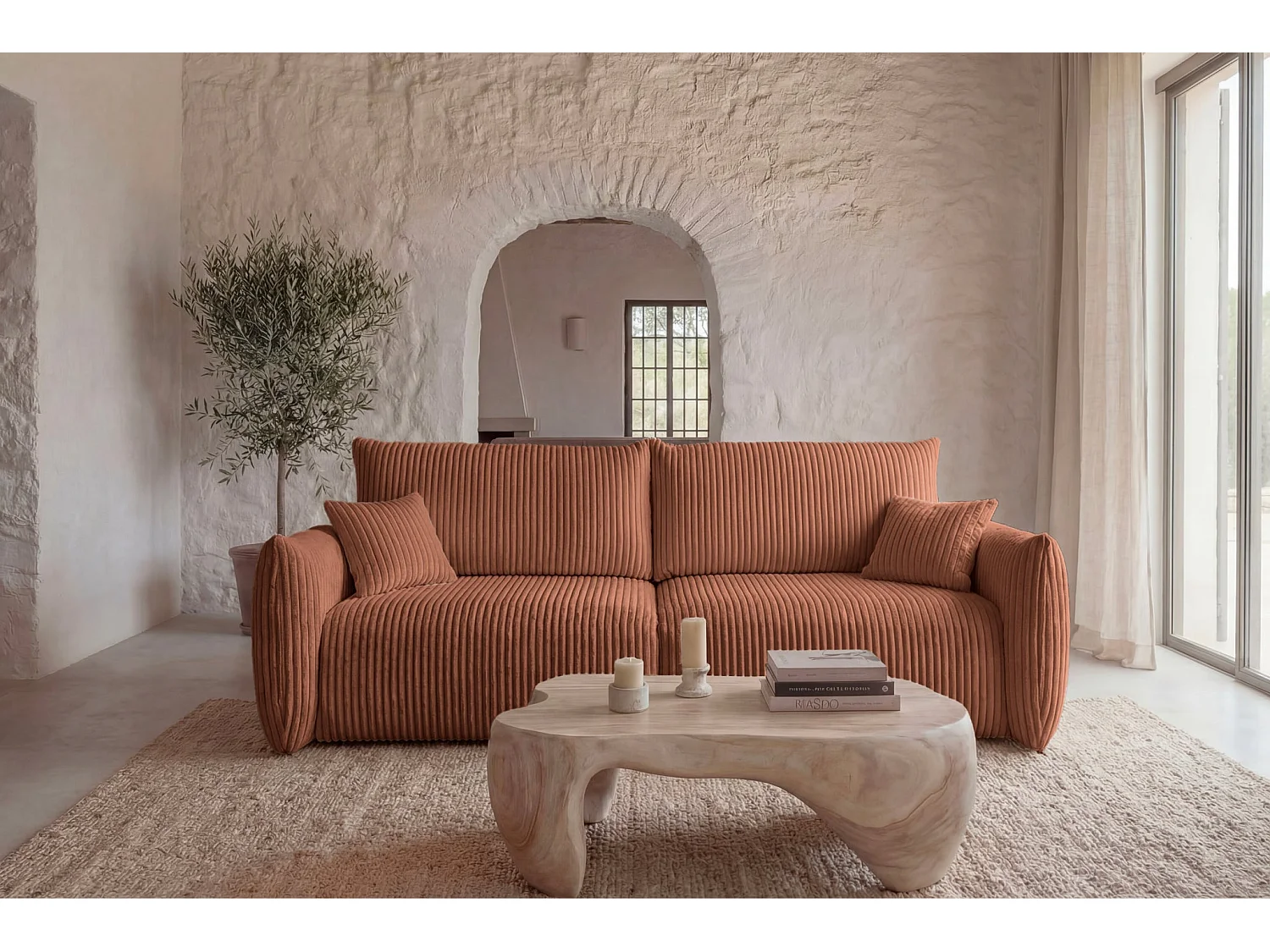 ELIO - Canapé droit convertible gros velours côtelé 3 places - Terracotta