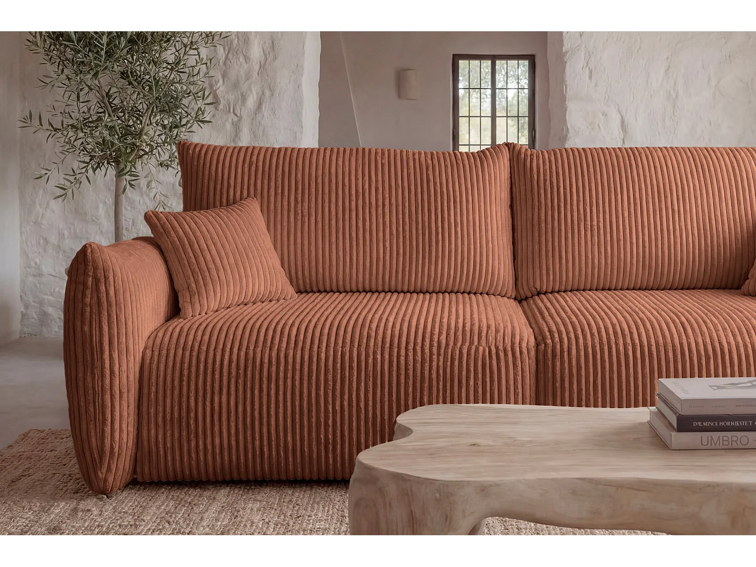 ELIO - Canapé droit convertible gros velours côtelé 3 places - Terracotta