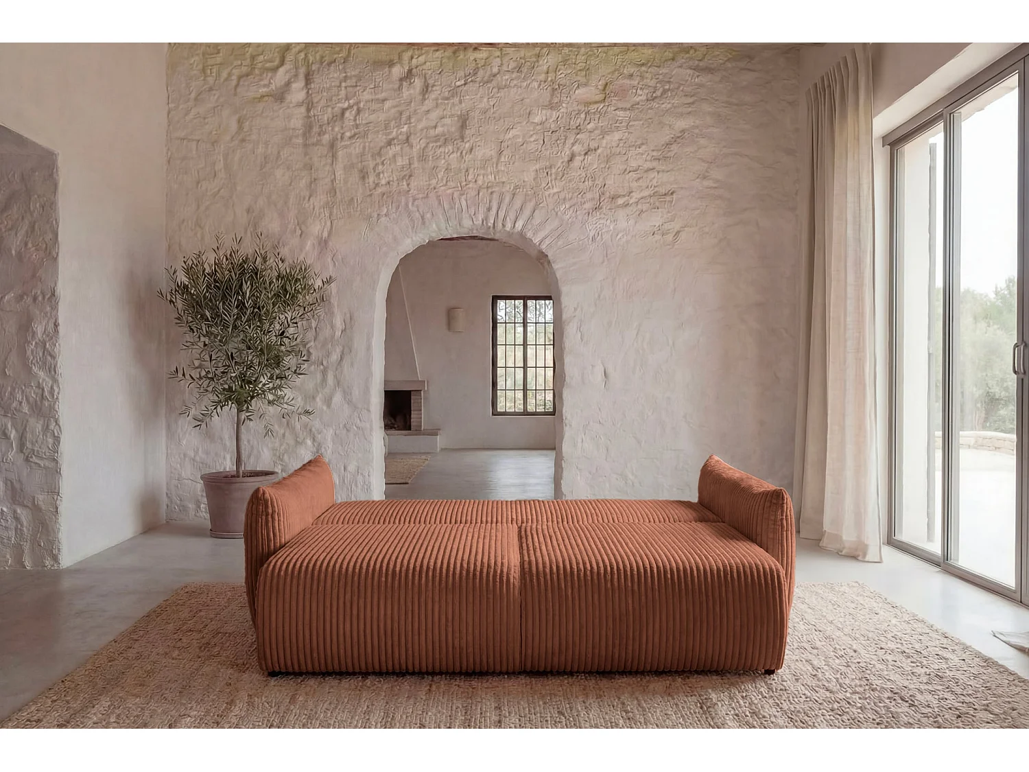 ELIO - Canapé droit convertible gros velours côtelé 3 places - Terracotta