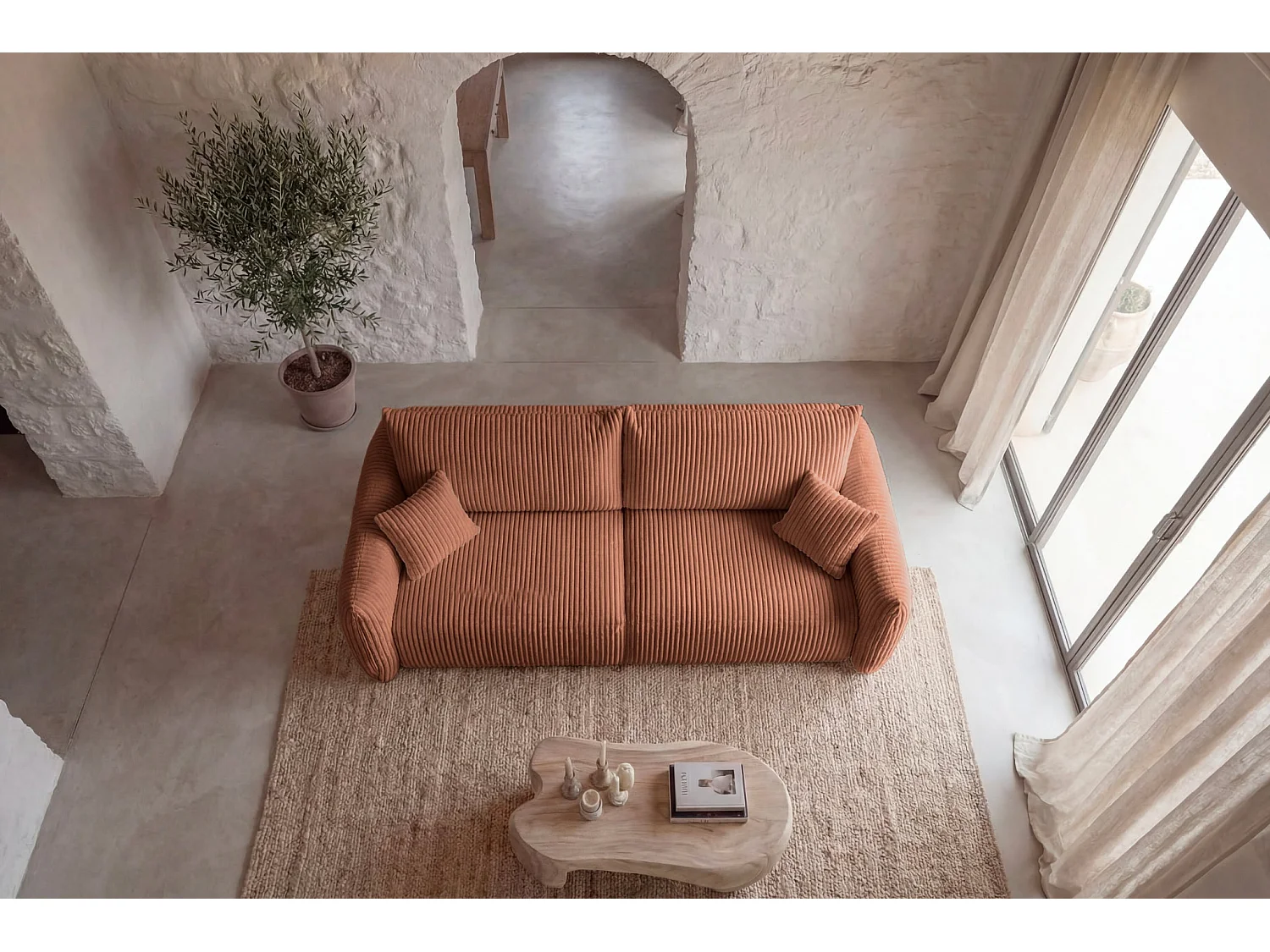 ELIO - Canapé droit convertible gros velours côtelé 3 places - Terracotta