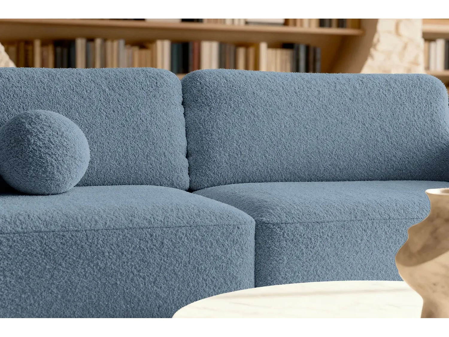 GIGI - Canapé droit convertible tissu bouclette 3 places - Bleu