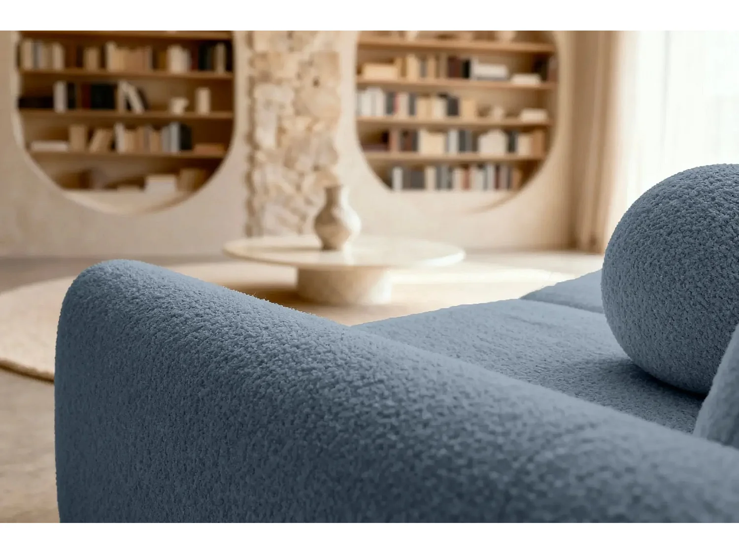 GIGI - Canapé droit convertible tissu bouclette 3 places - Bleu