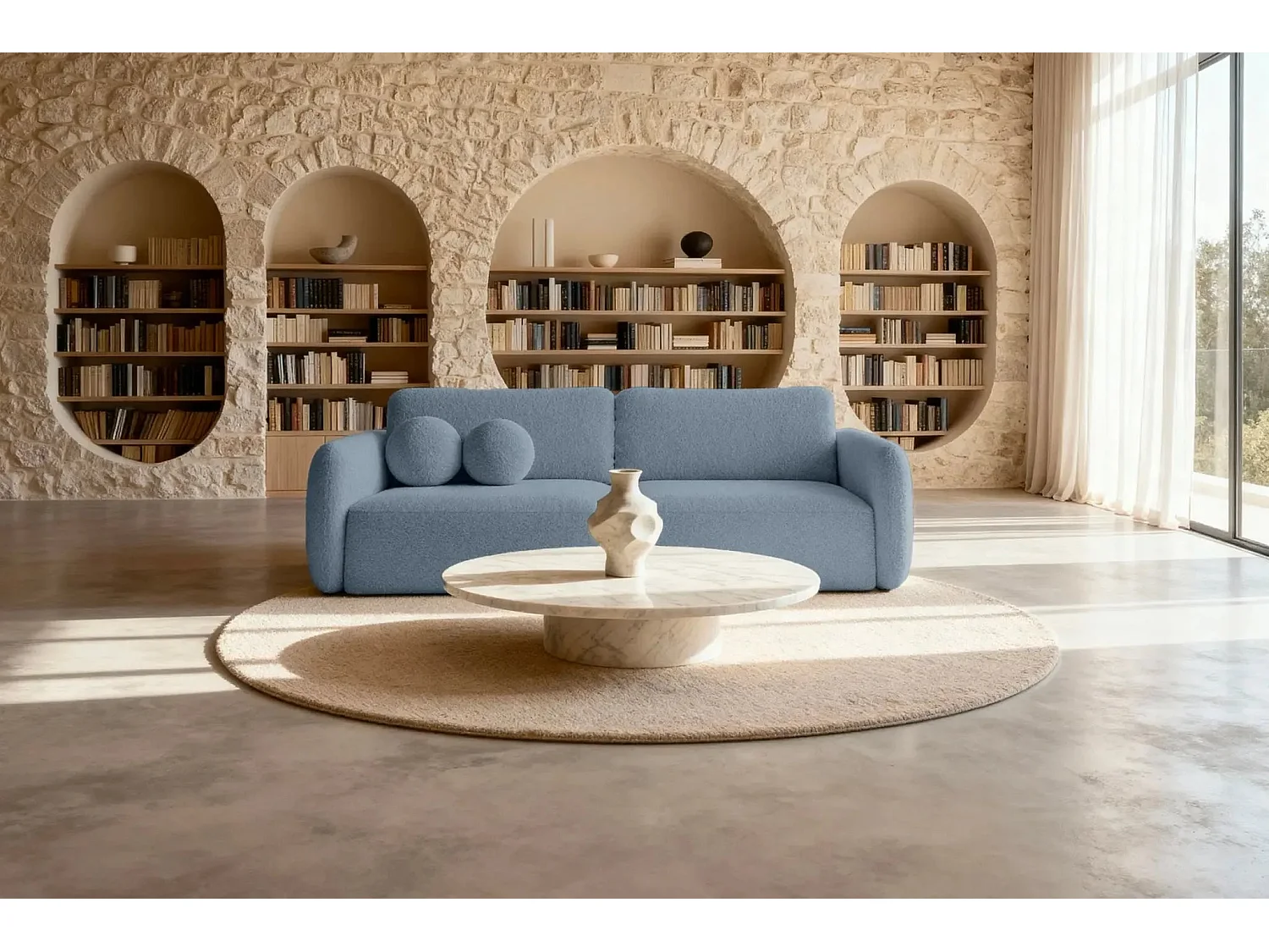 GIGI - Canapé droit convertible tissu bouclette 3 places - Bleu