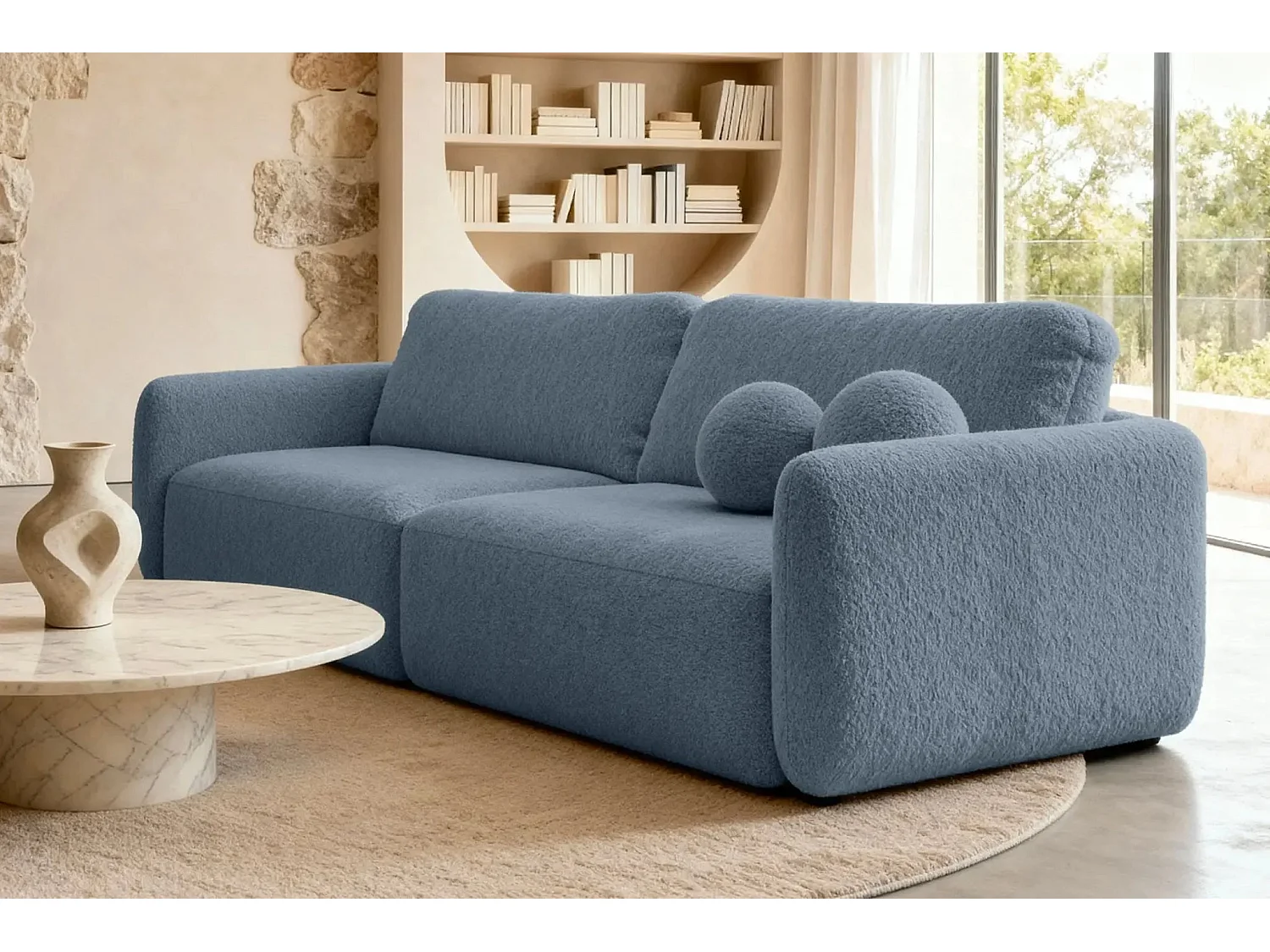 GIGI - Canapé droit convertible tissu bouclette 3 places - Bleu