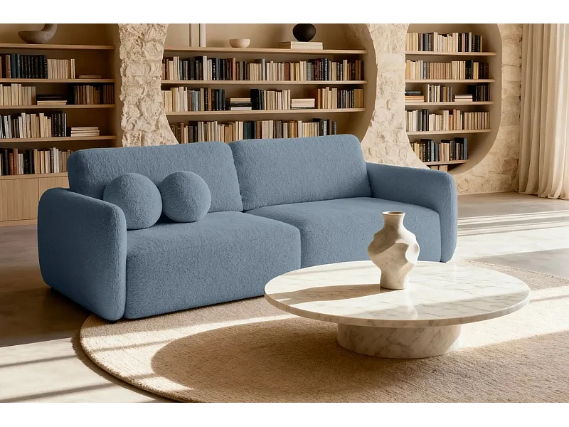 GIGI - Canapé droit convertible tissu bouclette 3 places - Bleu