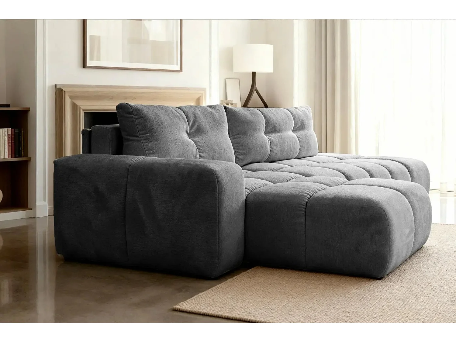 CONSTANCE - Canapé d'angle convertible tissu chenille 4 places - Gris anthracite - Droit