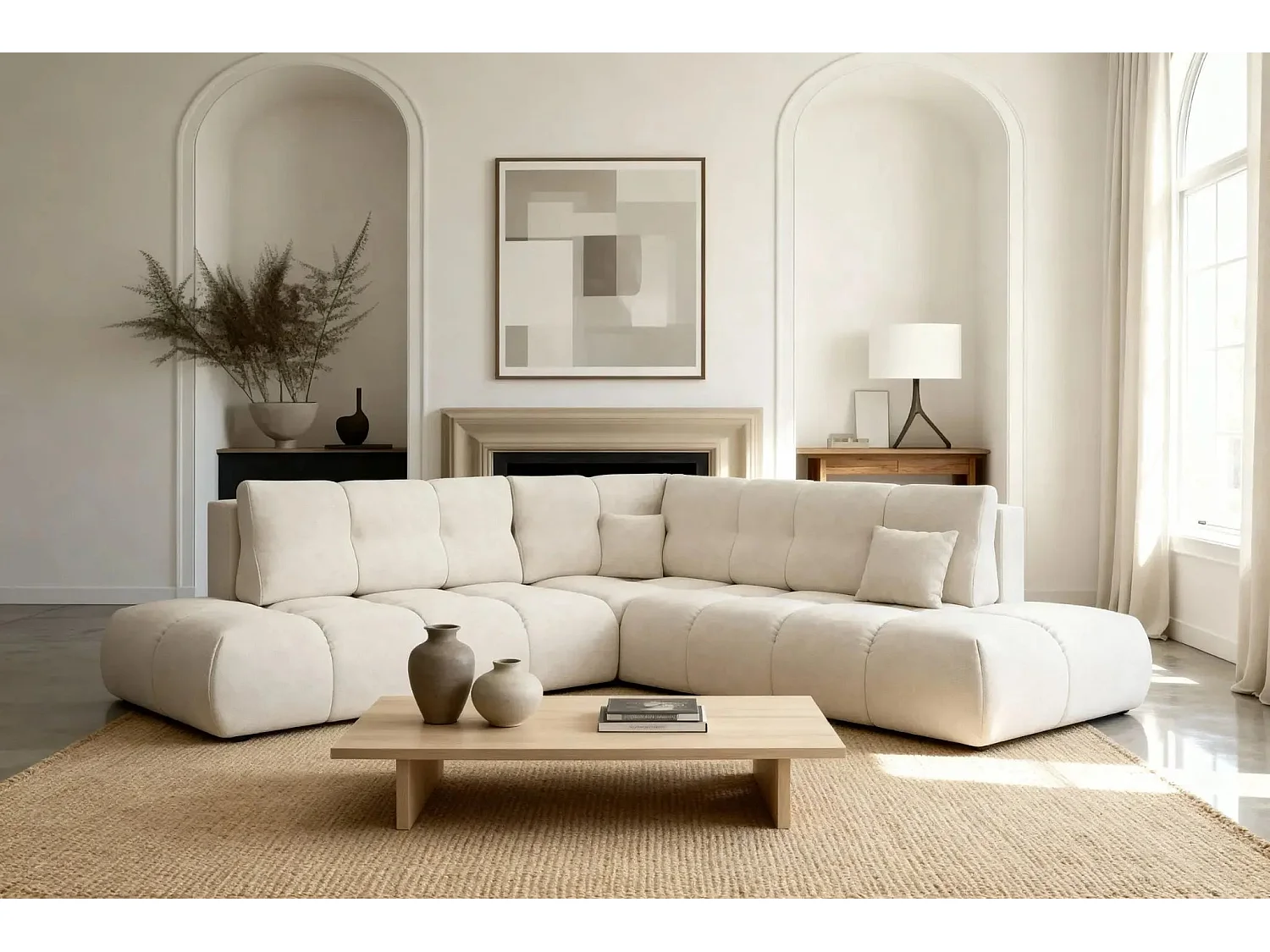 CONSTANCE L - Canapé d'angle convertible tissu chenille 4 places - Beige - Gauche