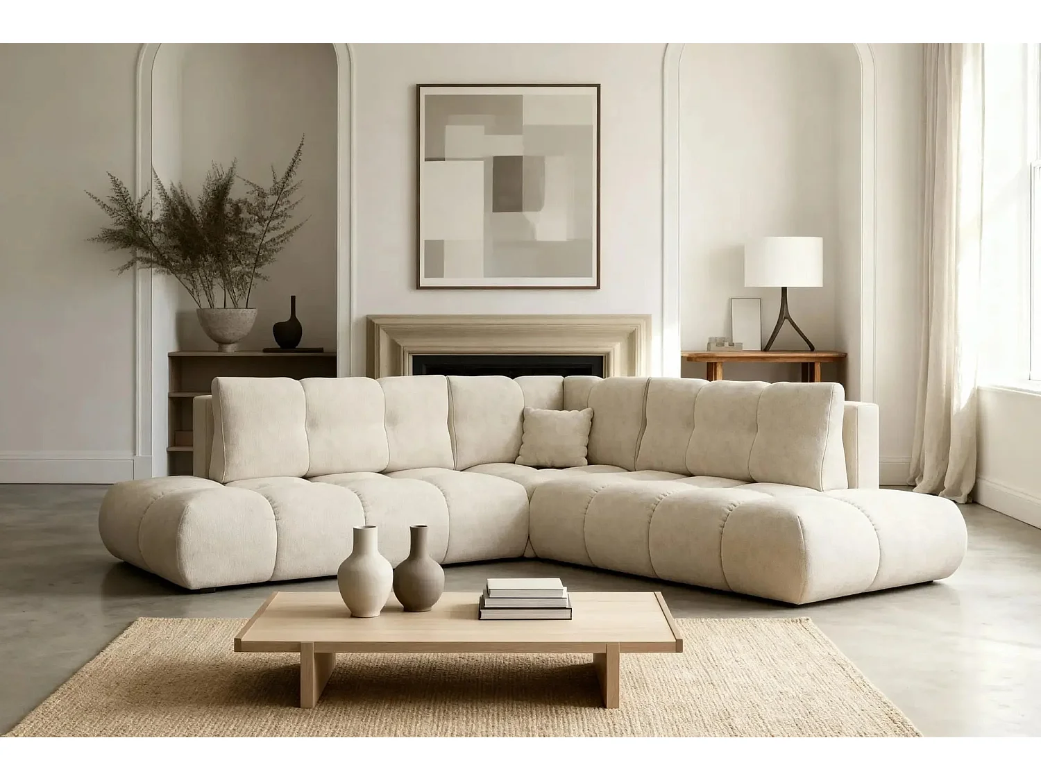 CONSTANCE L - Canapé d'angle convertible tissu chenille 4 places - Beige - Gauche