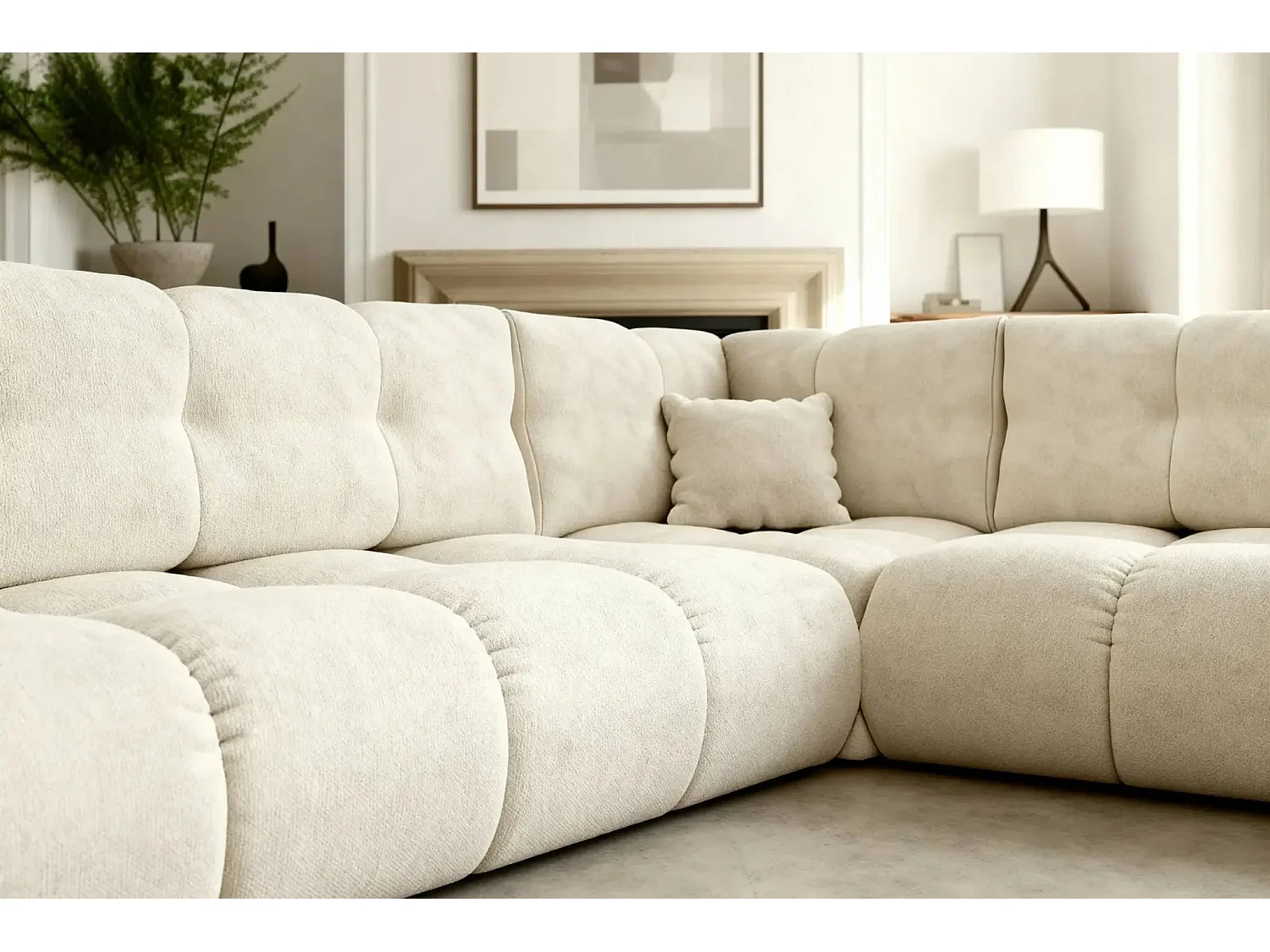 CONSTANCE L - Canapé d'angle convertible tissu chenille 4 places - Beige - Gauche